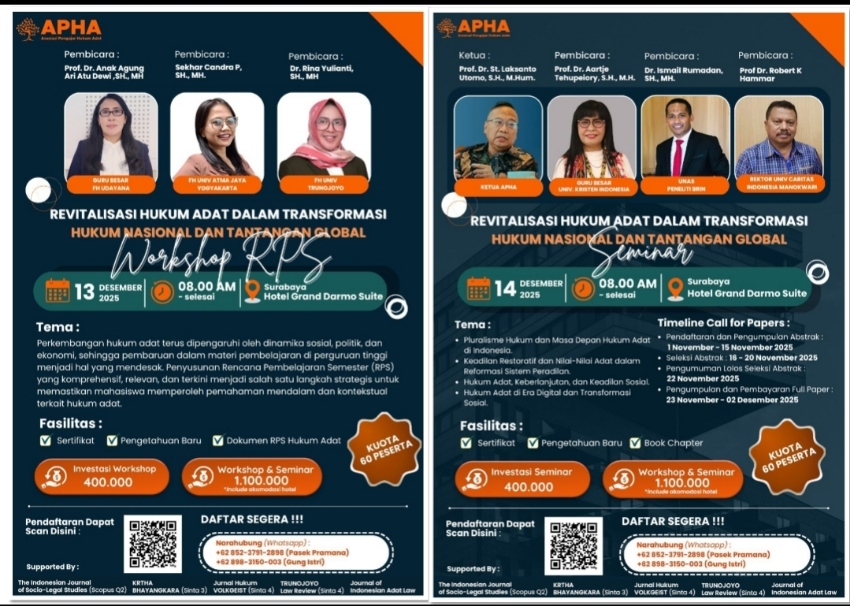 Gebrak Dunia Pendidikan Lewat Revolusi Pengajaran Hukum Adat: APHA Gelar Workshop dan Seminar Nasional di Surabaya, Dorong Metode PBL Berbasis Kasus Nyata