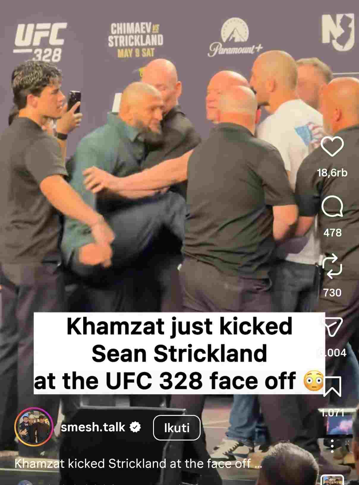 Ricuh Face Off UFC 328, Khamzat Chimaev Tendang Sean Strickland di Atas Panggung